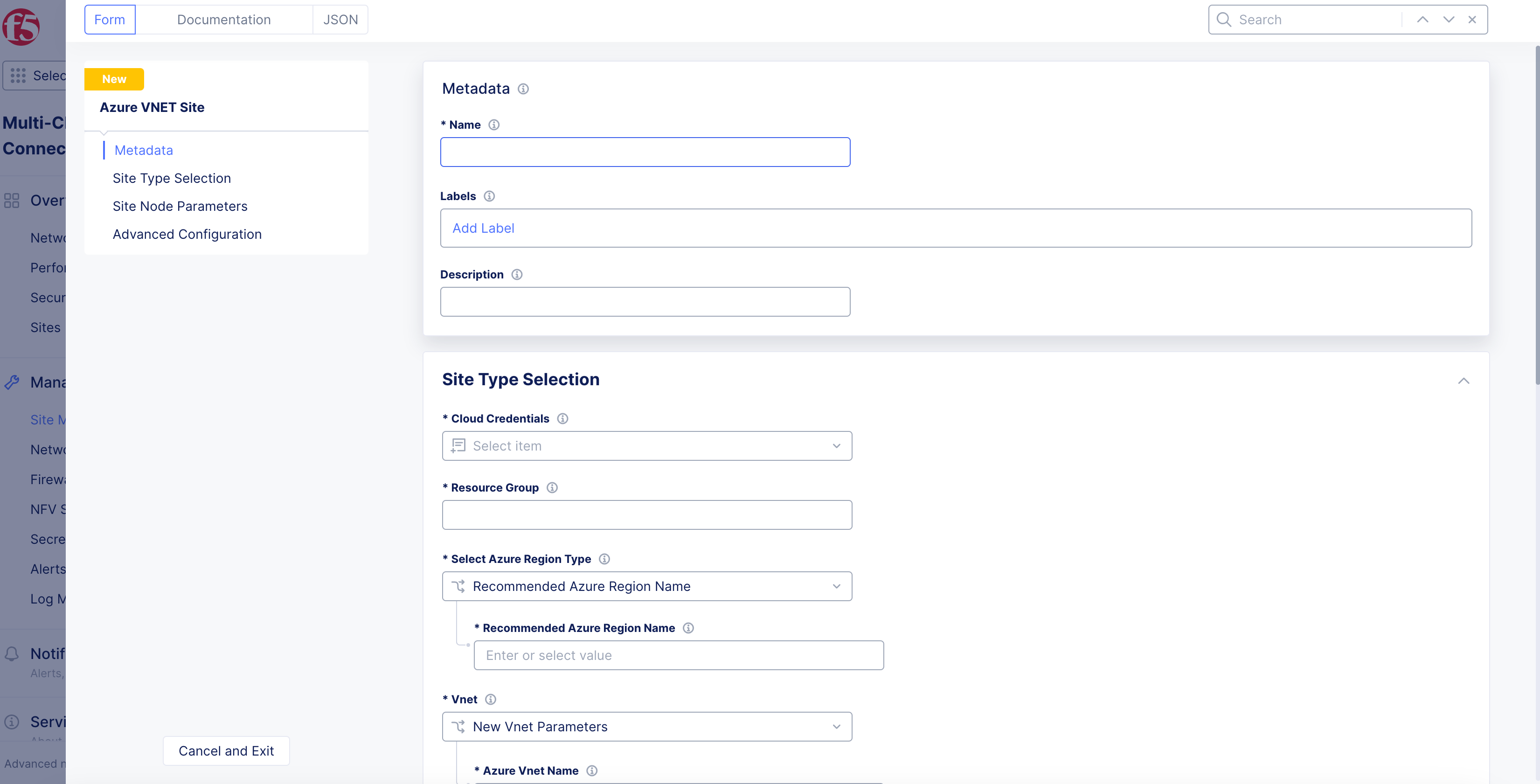 Figure: Azure Site Creation Form