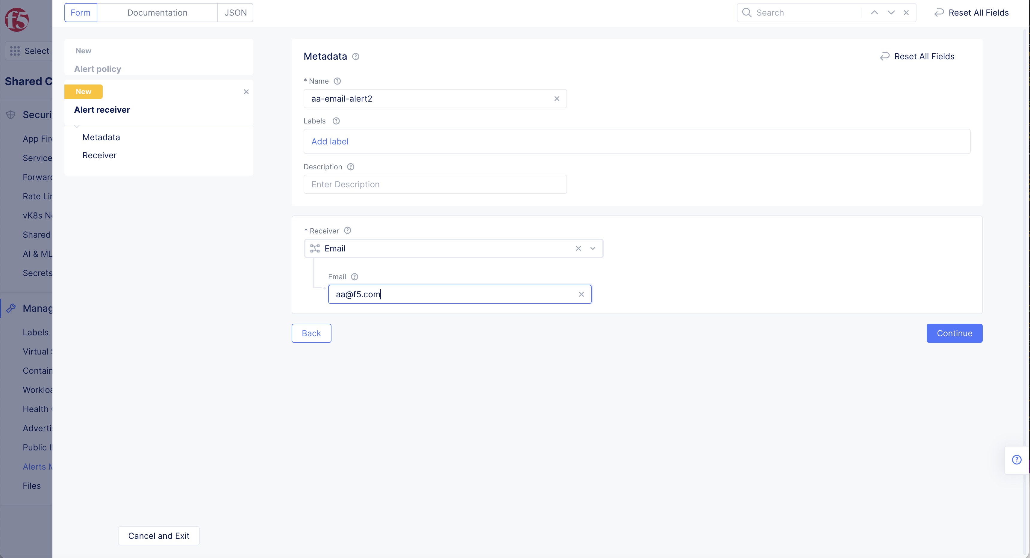 Figure: Alert Receiver Name and Receiver Type