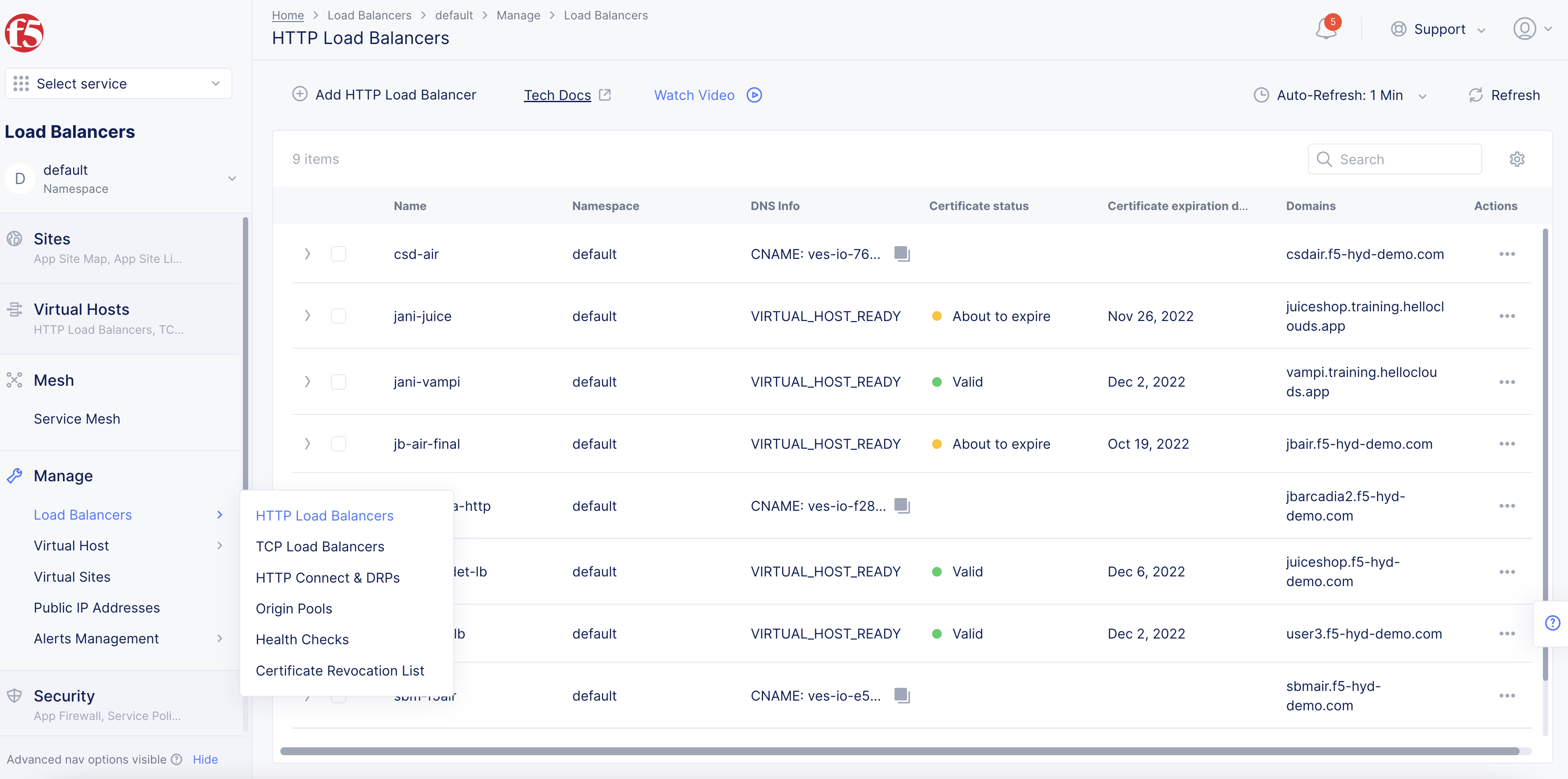 Figure: List of Load Balancers