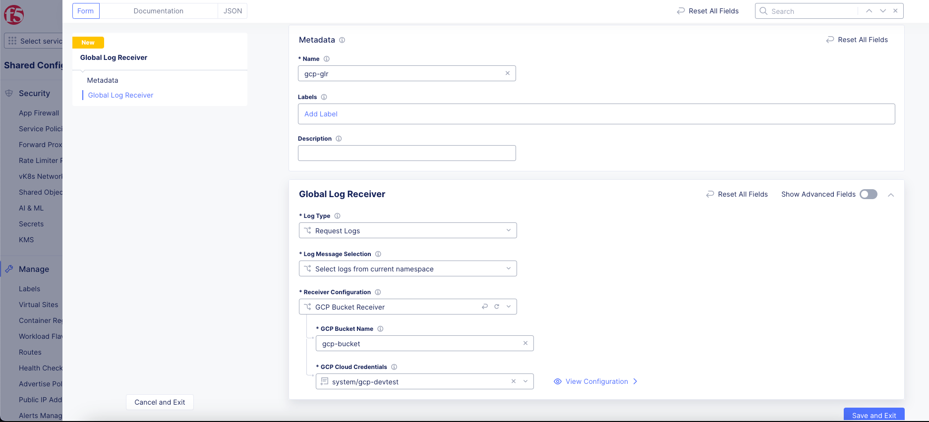 Figure: GCP Global Log Receiver Configuration
